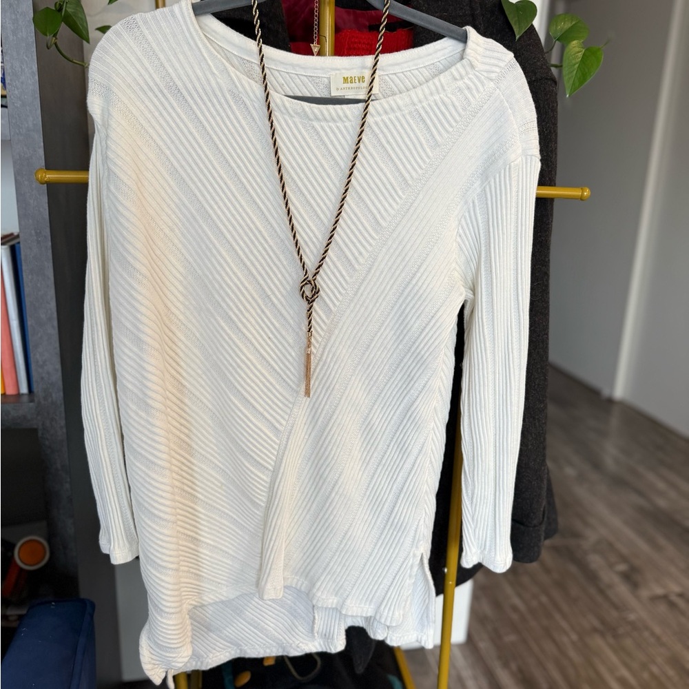 Maeve by Anthropologie White Ribbed Knit Tunic Sweater 100% cotton 🌱☁️ - Picture 3 of 7